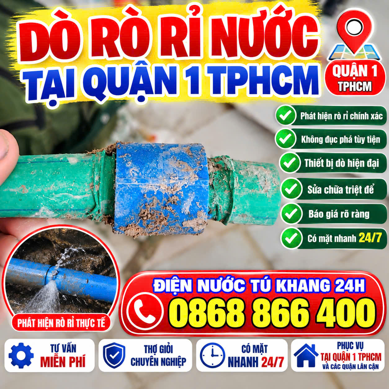 dò rò rỉ nước quận 1 Điện Nước Tú Khang 24h